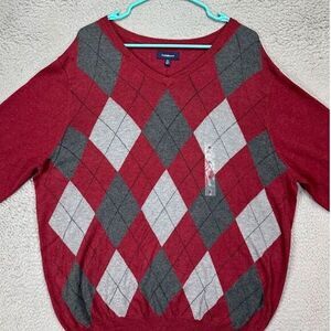 Croft Barrow Sweater Adult XL Red Argyle True Comfort V Neck Pullover Mens NEW‎